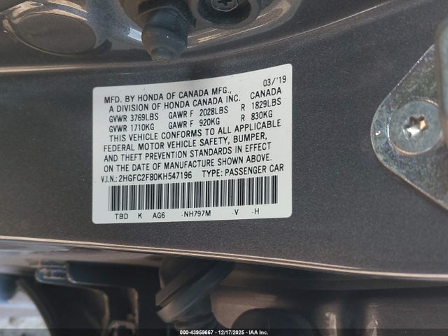 2019 HONDA CIVIC 2HGFC2F80KH547196 Photo 8