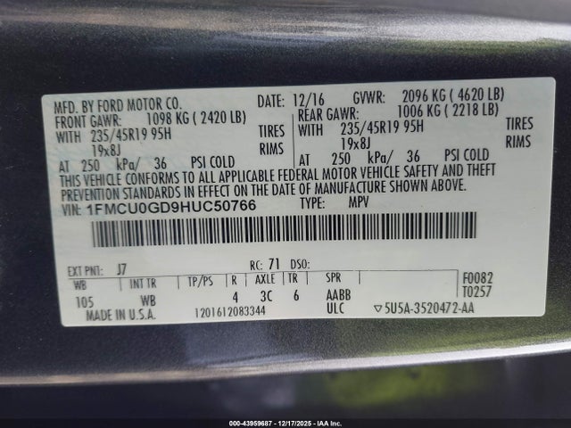 1FMCU0GD9HUC50766 Ford ESCAPE SE