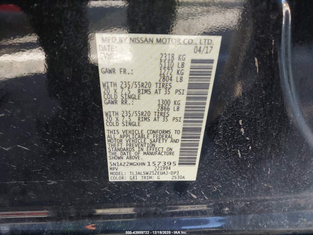 5N1AZ2MGXHN157395 Nissan Murano Platinum