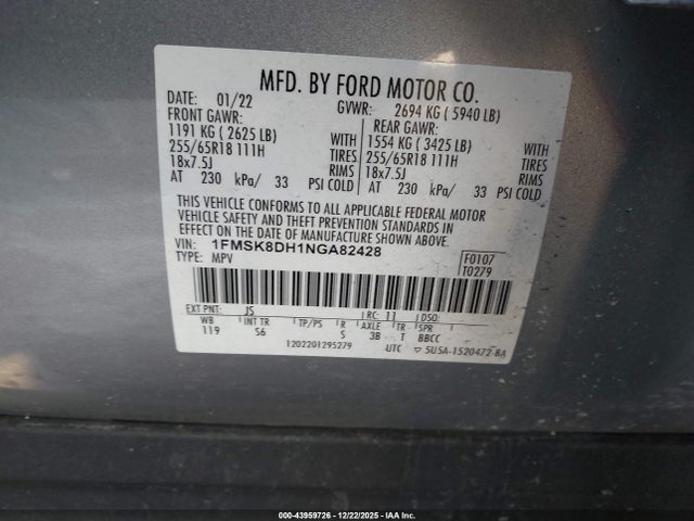 1FMSK8DH1NGA82428 Ford EXPLORER XLT