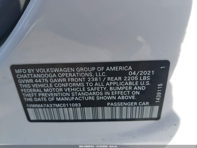 2021 VOLKSWAGEN PASSAT 1VWMA7A37MC011093 Photo 8