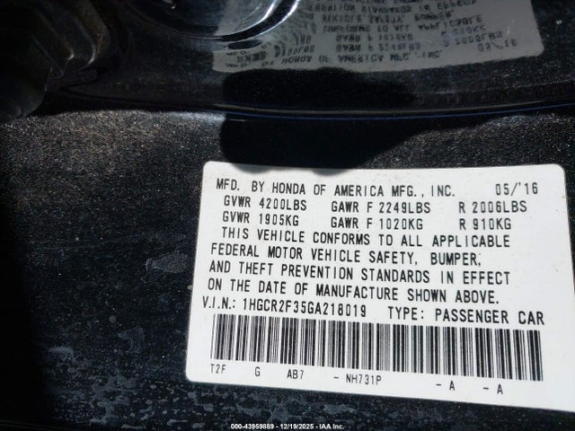 1HGCR2F35GA218019 Honda ACCORD LX