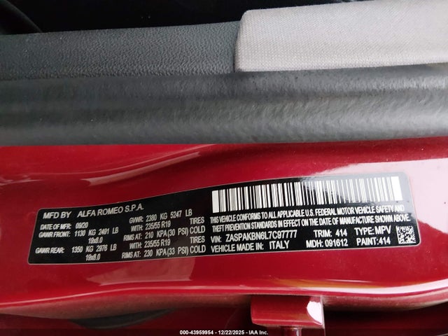 43959954 :رقم المزاد ، ZASPAKBN6L7C97777 vin ، 2020 Alfa Romeo Stelvio Ti Awd مزاد بيع