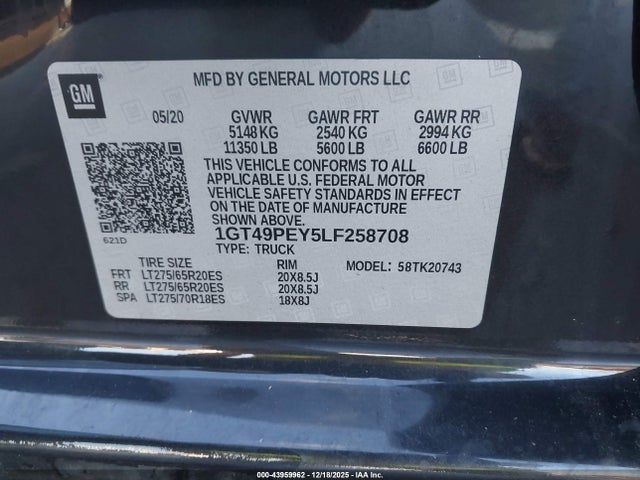 2020 Gmc Sierra 2500hd მანქანა იყიდება აუქციონზე, vin: 1GT49PEY5LF258708, აუქციონის ნომერი: 43959962