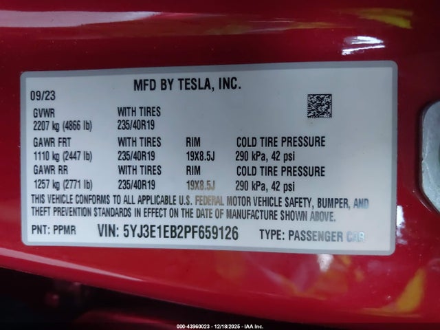 Продажа на аукционе авто 2023 Tesla Model 3 Long Range Dual Motor All-wheel Drive, vin: 5YJ3E1EB2PF659126, номер лота: 43960023