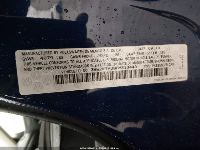 43960031 :رقم المزاد ، 3VW2K7AJ8BM313443 vin ، 2011 Volkswagen Jetta 2.0l S مزاد بيع