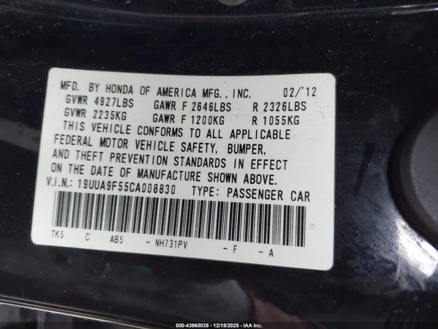 2012 ACURA TL 19UUA9F55CA008830 Photo 8