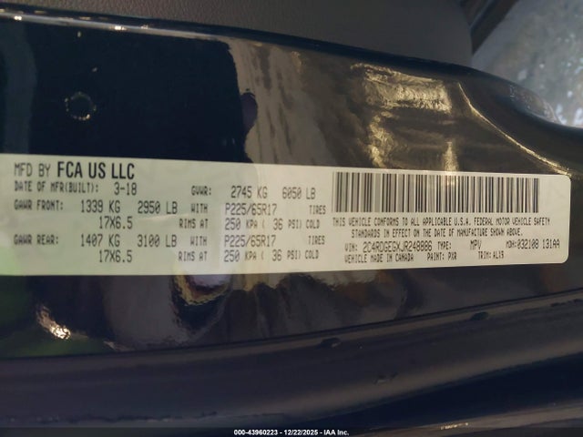 2018 Dodge Grand Caravan Gt მანქანა იყიდება აუქციონზე, vin: 2C4RDGEGXJR248886, აუქციონის ნომერი: 43960223