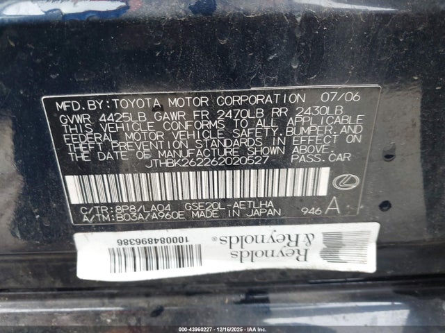 Aukcja sprzedaży 2006 Lexus Is 250, vin: JTHBK262262020527, numer aukcji: 43960227