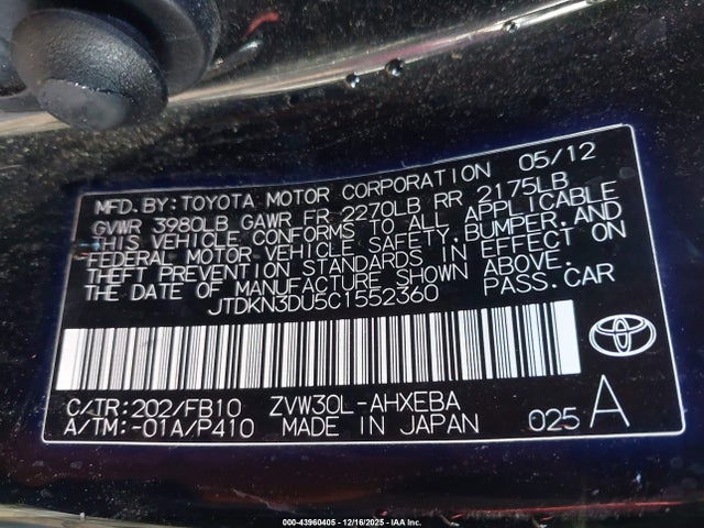 Aukcja sprzedaży 2012 Toyota Prius Three, vin: JTDKN3DU5C1552360, numer aukcji: 43960405