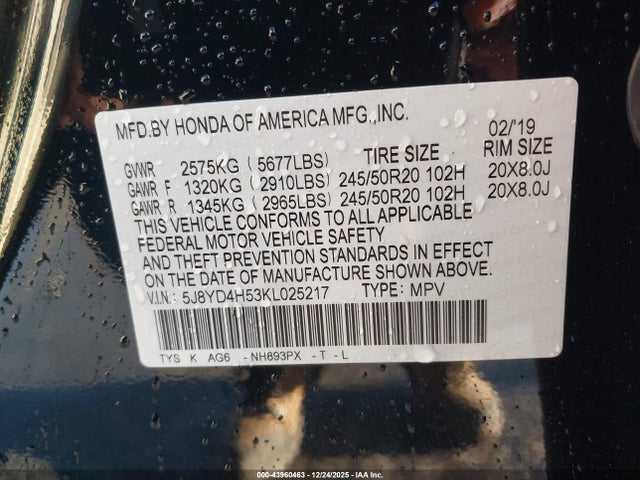 2019 Acura Mdx Tech Pkg მანქანა იყიდება აუქციონზე, vin: 5J8YD4H53KL025217, აუქციონის ნომერი: 43960463