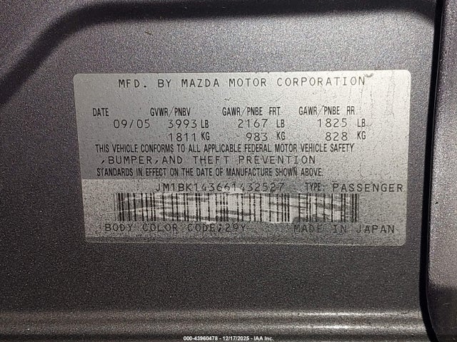 Продажа на аукционе авто 2006 Mazda Mazda3 S, vin: JM1BK143661432527, номер лота: 43960478