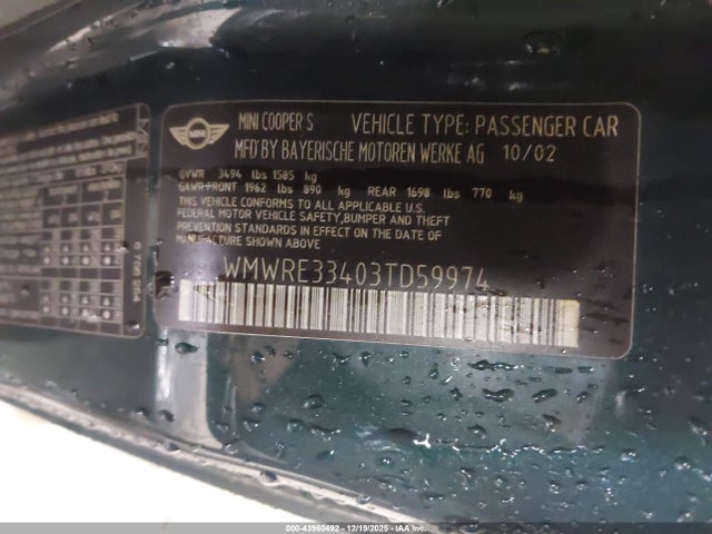 2003 MINI COOPER S WMWRE33403TD59974 Photo 8