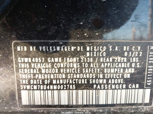 Aukcja sprzedaży 2022 Volkswagen Jetta 1.5t S, vin: 3VWCM7BU4NM002765, numer aukcji: 43960531