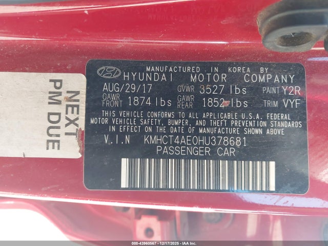 KMHCT4AE0HU378681 Hyundai ACCENT SE