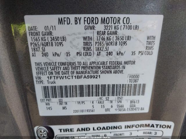 2011 FORD F-150 1FTFW1CT1BFA59921 Photo 8