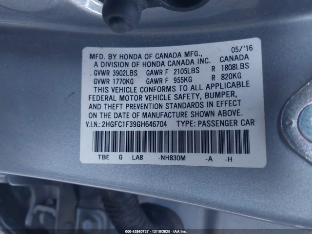 2HGFC1F39GH646704 Honda Civic Ex-t