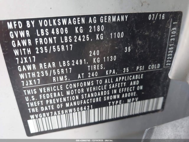 2017 Volkswagen Tiguan 2.0t Wolfsburg Edition მანქანა იყიდება აუქციონზე, vin: WVGRV7AX8HW506421, აუქციონის ნომერი: 43960765