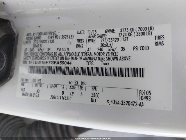 43960826 :رقم المزاد ، 1FTEW1EF7GFA59044 vin ، 2016 Ford F-150 King Ranch مزاد بيع