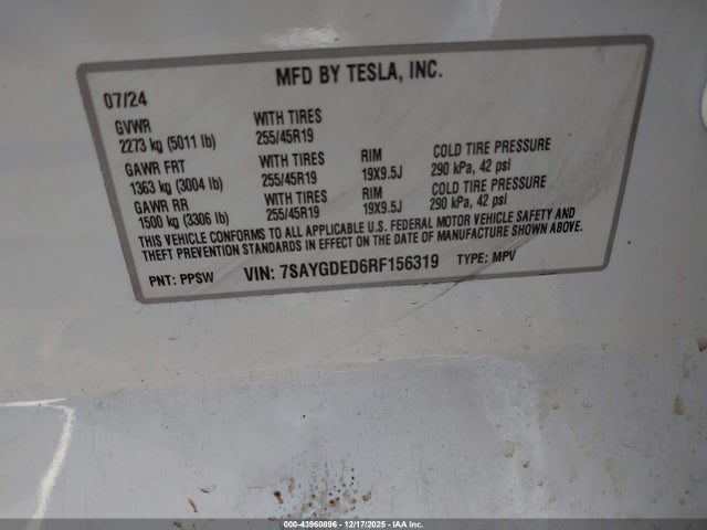43960896 :رقم المزاد ، 7SAYGDED6RF156319 vin ، 2024 Tesla Model Y Rwd مزاد بيع
