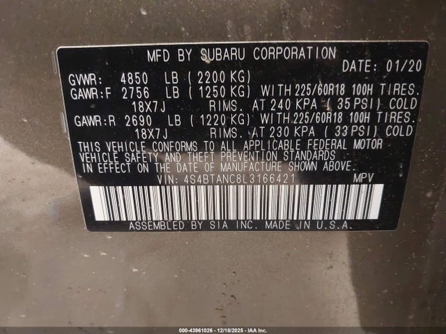 2020 Subaru Outback Limited მანქანა იყიდება აუქციონზე, vin: 4S4BTANC8L3166421, აუქციონის ნომერი: 43961026