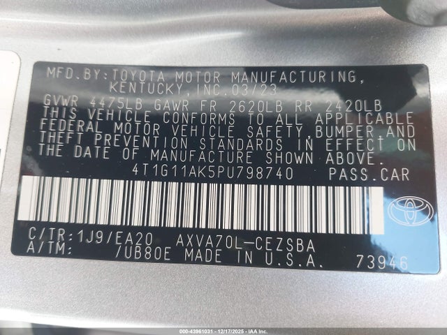 43961031 :رقم المزاد ، 4T1G11AK5PU798740 vin ، 2023 Toyota Camry Se مزاد بيع