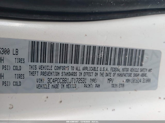 43961057 :رقم المزاد ، 3C4PDCBB1JT172531 vin ، 2018 Dodge Journey Sxt مزاد بيع