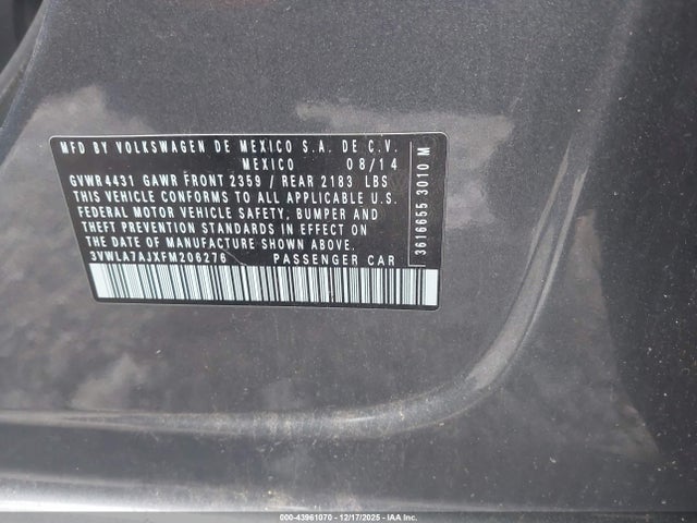 43961070 :رقم المزاد ، 3VWLA7AJXFM206276 vin ، 2015 Volkswagen Jetta 2.0l Tdi Se مزاد بيع