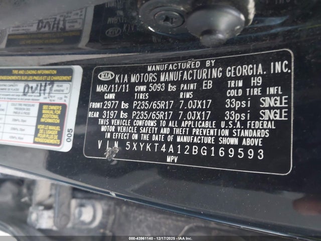 Продажа на аукционе авто 2011 Kia Sorento Lx, vin: 5XYKT4A12BG169593, номер лота: 43961140