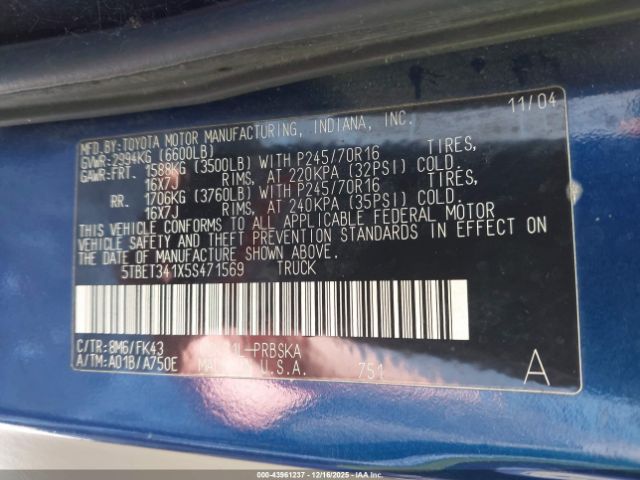 2005 TOYOTA TUNDRA 5TBET341X5S471569 Photo 8