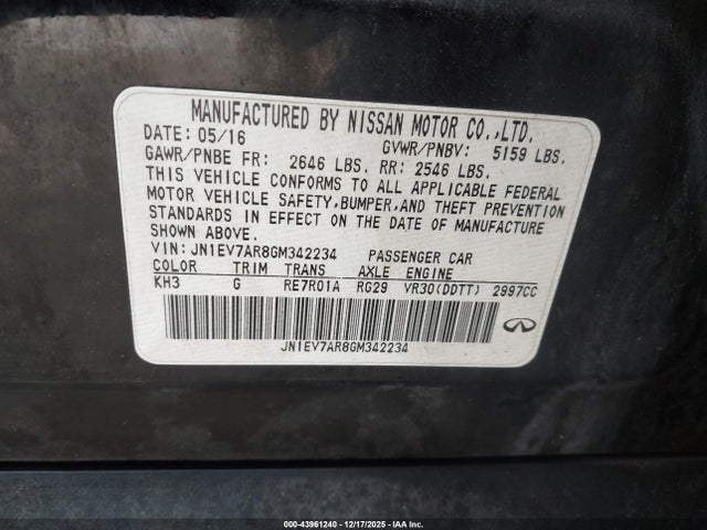 Aukcja sprzedaży 2016 Infiniti Q50 3.0t Premium, vin: JN1EV7AR8GM342234, numer aukcji: 43961240