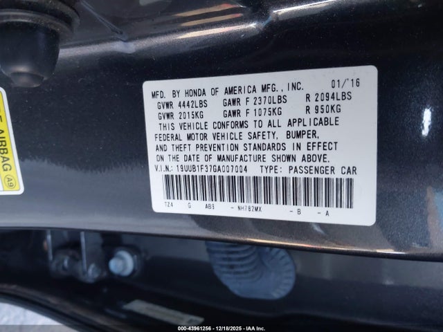 43961256 :رقم المزاد ، 19UUB1F37GA007004 vin ، 2016 Acura Tlx مزاد بيع