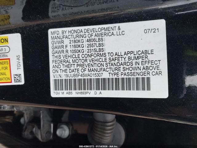 Aukcja sprzedaży 2021 Acura Tlx Technology Package, vin: 19UUB5F45MA015307, numer aukcji: 43961272