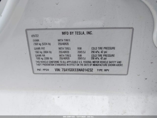 43961302 :رقم المزاد ، 7SAYGDEE8NA014232 vin ، 2022 Tesla Model Y Long Range Dual Motor All-wheel Drive مزاد بيع