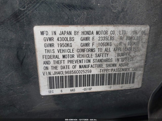 Aukcja sprzedaży 2006 Acura Tsx, vin: JH4CL96856C025259, numer aukcji: 43961434