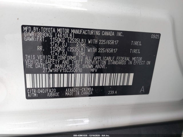 Продаж на аукціоні авто 2025 Toyota Rav4 Xle, vin: 2T3W1RFV1SC350610, номер лоту: 43961535