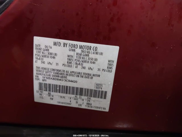 2016 FORD EXPLORER 1FM5K8D84GGC94420 Photo 8