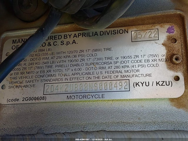 ZD4KZUB08NS000492 Aprilia Tuono V4 1100 Factory