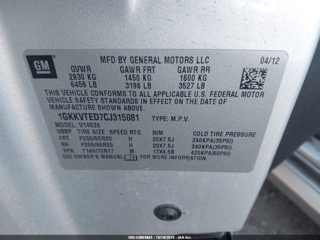 43961621 :رقم المزاد ، 1GKKVTED7CJ315081 vin ، 2012 Gmc Acadia Denali مزاد بيع