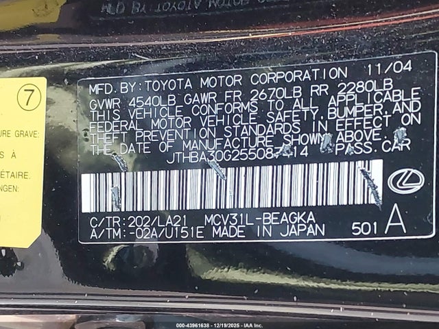 Aukcja sprzedaży 2005 Lexus Es 330, vin: JTHBA30G255087414, numer aukcji: 43961638