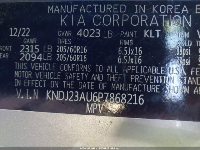 Продажа на аукционе авто 2023 Kia Soul Lx, vin: KNDJ23AU6P7868216, номер лота: 43961648