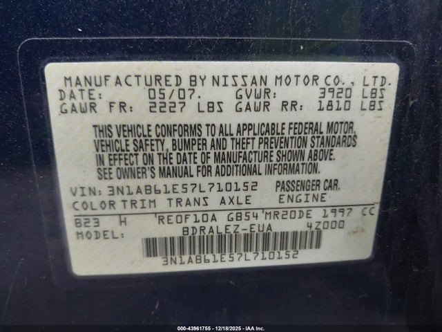 2007 Nissan Sentra 2.0s მანქანა იყიდება აუქციონზე, vin: 3N1AB61E57L710152, აუქციონის ნომერი: 43961755