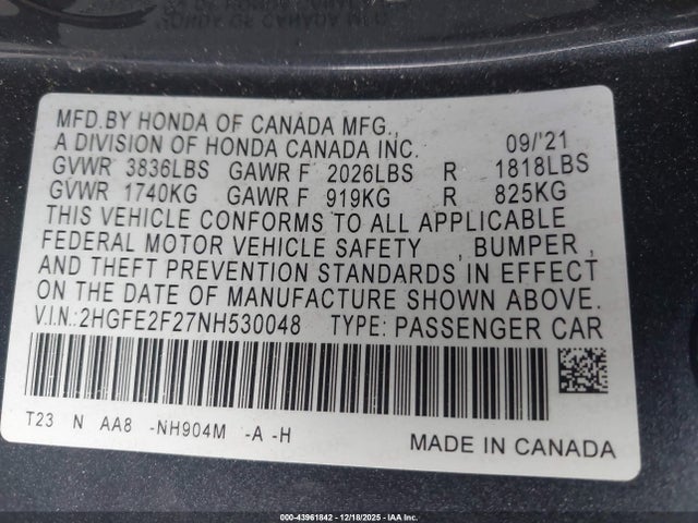 Honda k20c2 2022 2HGFE2F27NH530048 Image 9