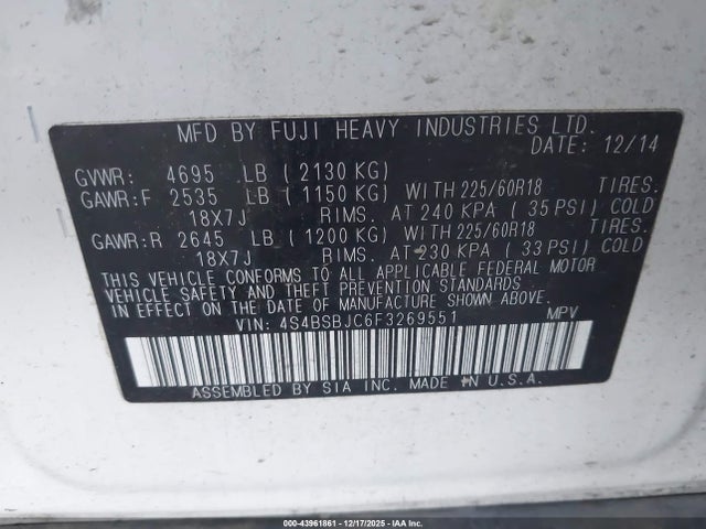 4S4BSBJC6F3269551 Subaru Outback 2.5i Limited