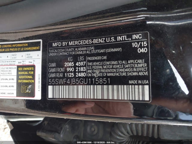 2016 Mercedes-benz C 300 მანქანა იყიდება აუქციონზე, vin: 55SWF4JB5GU115851, აუქციონის ნომერი: 43961866