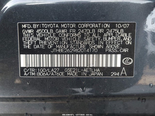 Aukcja sprzedaży 2008 Lexus Is 350, vin: JTHBE262982014170, numer aukcji: 43961871