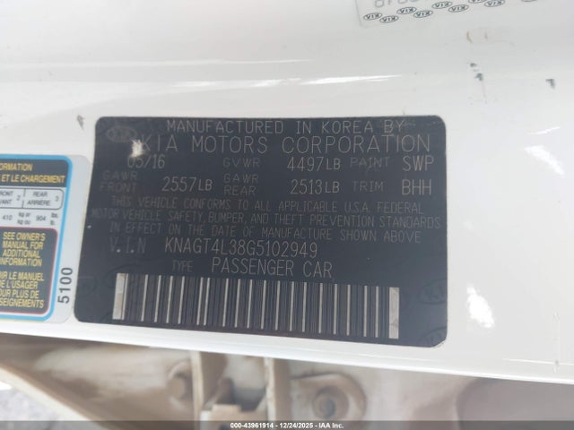 KNAGT4L38G5102949 KIA Optima Lx