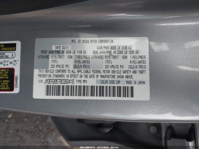 43961915 :رقم المزاد ، JM3ER2B57B0380416 vin ، 2011 Mazda Cx-7 I Sport مزاد بيع