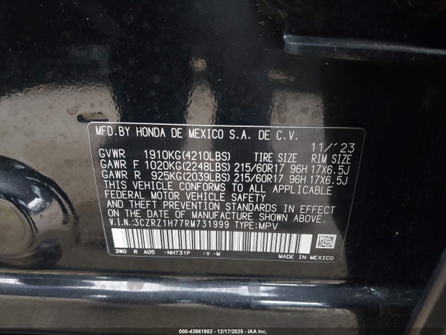 3CZRZ1H77RM731999 Honda Hr-v 2wd Ex-l/2wd Ex-l W/o Bsi