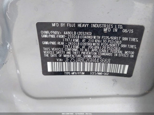 Subaru Forester 2.5i 2016 JF2SJABC2GH443668 Image 9